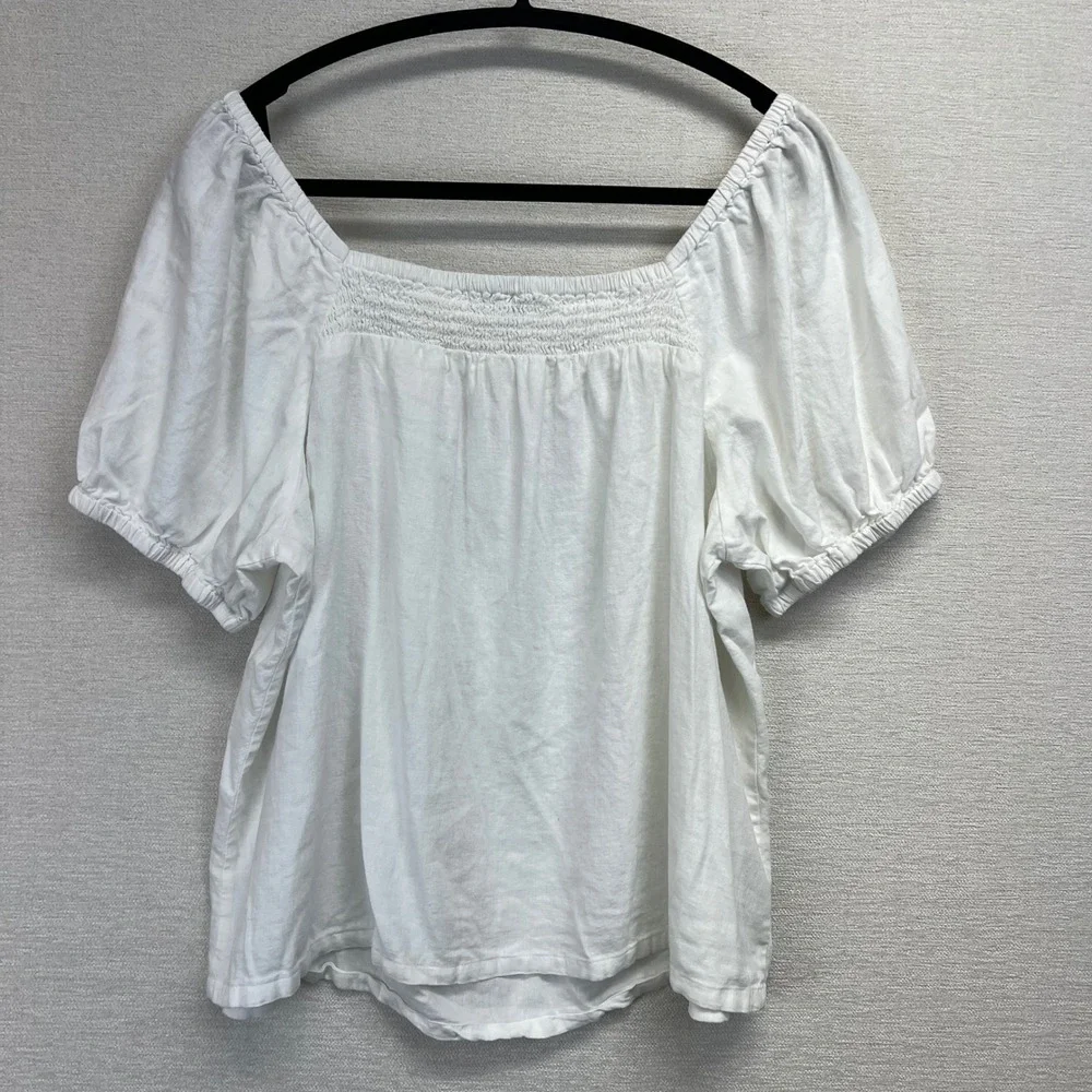 LOFT Outlet White Smocked Square Neck Puff‎ Sleeve Linen Blend Top Size L READ